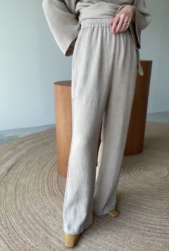 弹力腰围休闲人丝肌理长裤