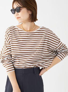 Plage引入R'IAM 纯棉 宽领口微廓形 下摆微收拢 经典条纹 长袖TEE