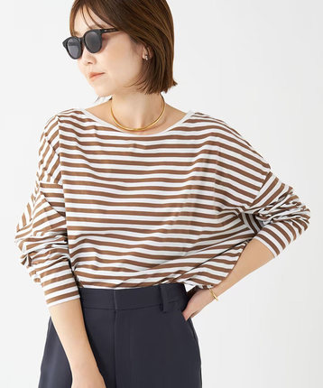 Plage引入R'IAM 纯棉 宽领口微廓形 下摆微收拢 经典条纹 长袖TEE