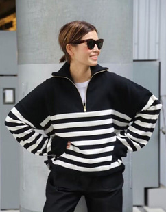Deuxieme引入~棉和聚酯混纺 宽大条纹  宽松ZIP 拉链外套 黑底色1