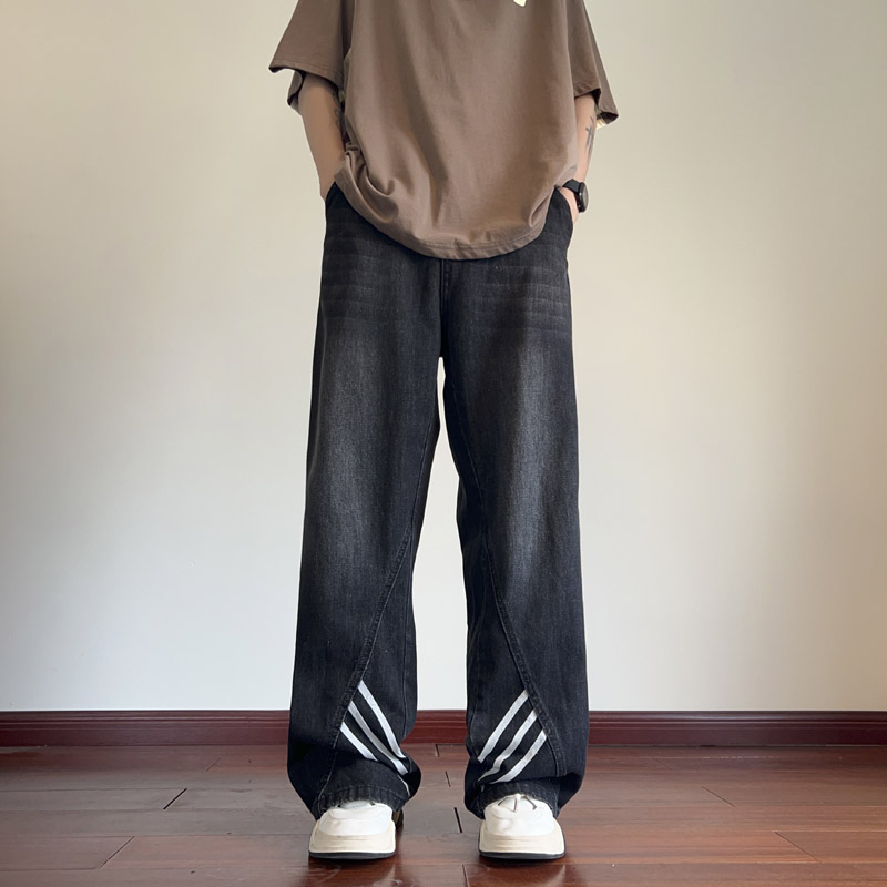 春季新款美式高街撞色条纹织带牛仔裤男士潮流宽松直筒长裤D420,男装牛仔裤,电商B203-1