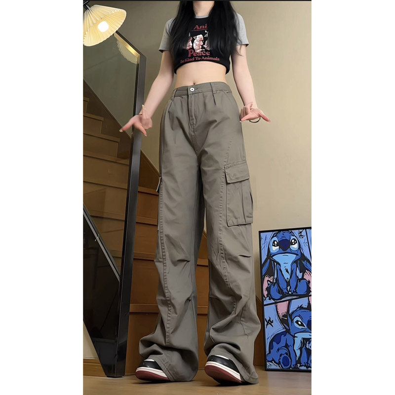 春季美式多口袋工装裤女直筒褶皱折叠设计休闲长裤子D7413 特P58图片