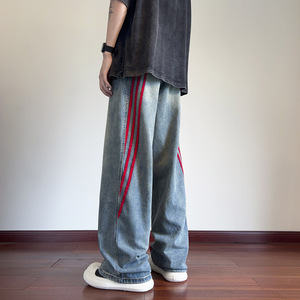 秋季新款ins美式高街撞色条纹织带牛仔裤男潮流宽松直筒长裤 KZ35,男装牛仔裤,电商B203-1