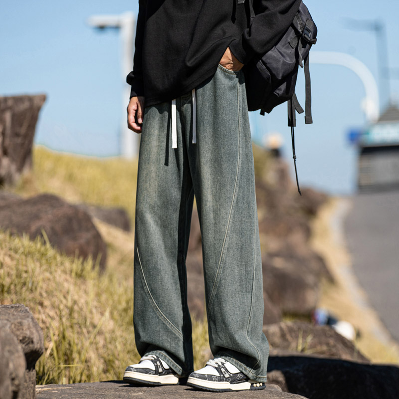 秋季ins美式高街复古水洗牛仔裤男潮流宽松直筒弯刀阔腿裤A308，男装牛仔裤，电商B203-1