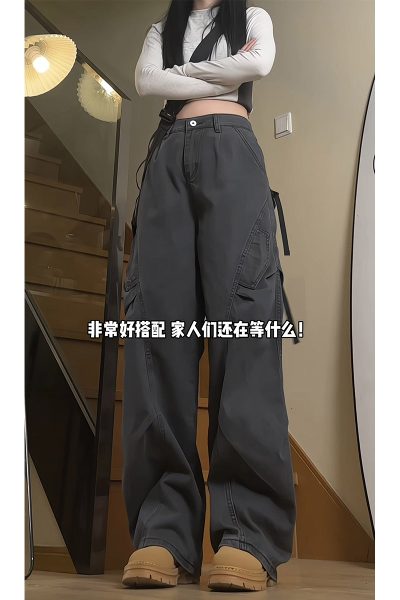 春季新款美式高街复古褶皱工装裤女宽松直筒休闲长裤D239特P48,男装工装外套,电商B203-1