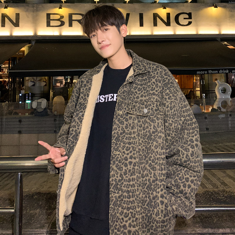 冬季新款美式高街豹纹牛仔棉衣男潮流宽松痞帅加绒夹克外套MY103，男装夹克，电商B203-1