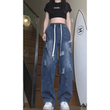ins美式高街破洞牛仔裤女生潮流宽松直筒阔腿裤休闲长裤KZ30P45，男装牛仔裤，电商B203-1