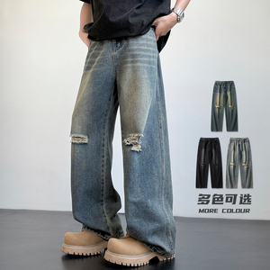 秋季美式高街复古水洗破洞牛仔裤男士宽松直筒阔腿长裤K8029特P47图片