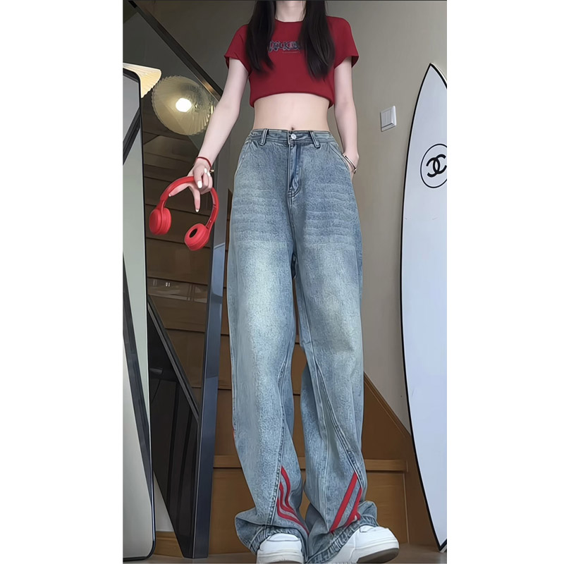 春季新款美式高街织带条纹拼接牛仔裤女生潮流宽松直筒长裤KZ35,男装牛仔裤,电商B203-1
