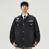 秋季新款美式高街刺绣牛仔外套男士潮流宽松帅气夹克外套537P95，男装工装外套，电商B203-1