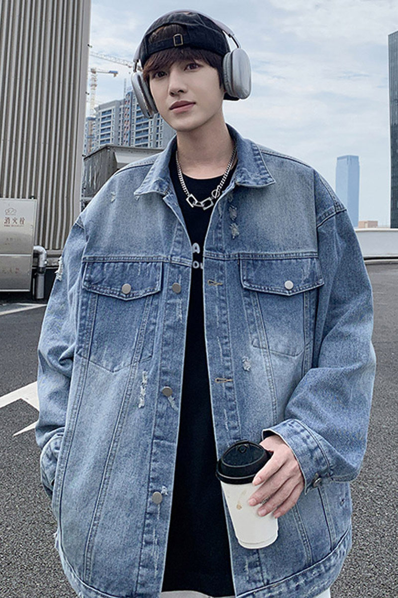 春季新款ins美式高街破洞牛仔外套男生夹克潮流宽松学生上衣JK52,男装夹克,电商B203-1