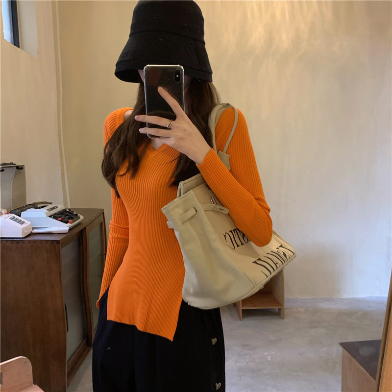 Real price design V-neck collarbone knitted sweater women's high waist loose side split casual floor pants