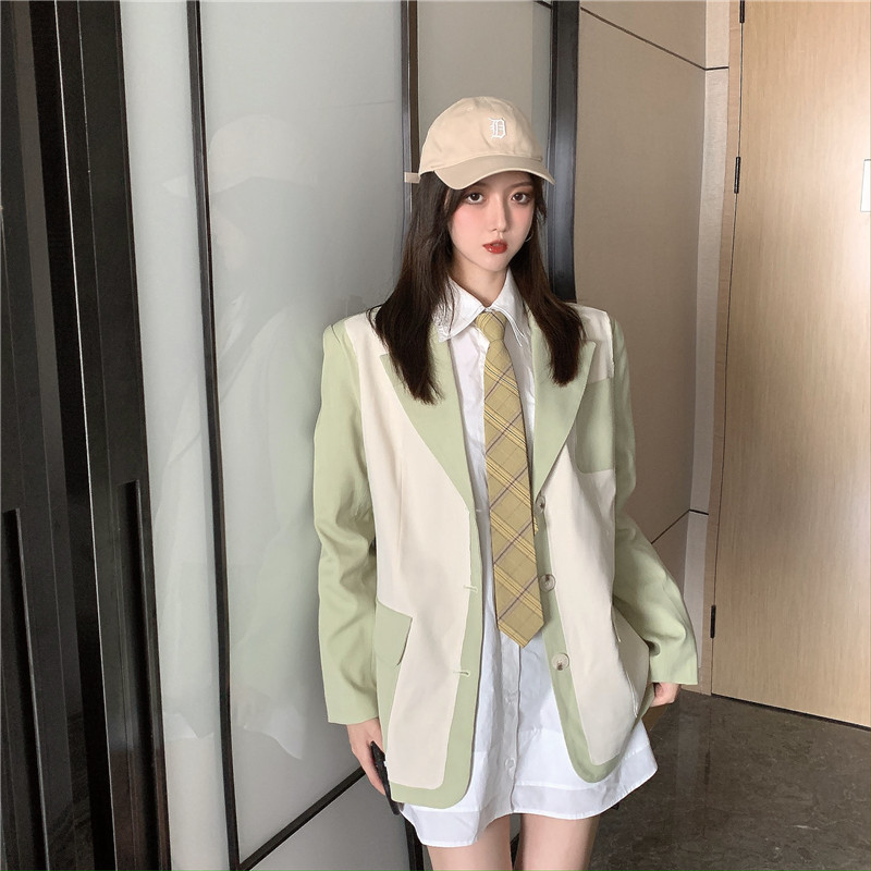 實拍實價 設計感撞色翻領中長款西裝外套+領帶白襯衫