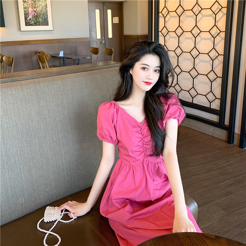 Real photo real price French Solid Color Bubble Sleeve V-neck dress women's high waist thin temperament long skirt summer
