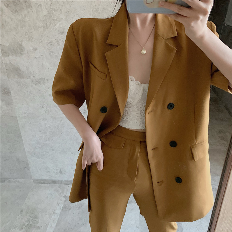 Real shot real price design sense retro short sleeve Blazer women's high waist leg long slit micro pants