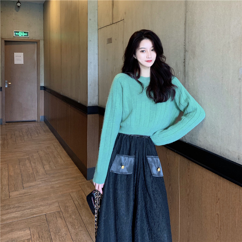 實拍實價 慵懶風軟糯簡約套頭毛衣女高腰顯瘦中長款蕾絲A字裙