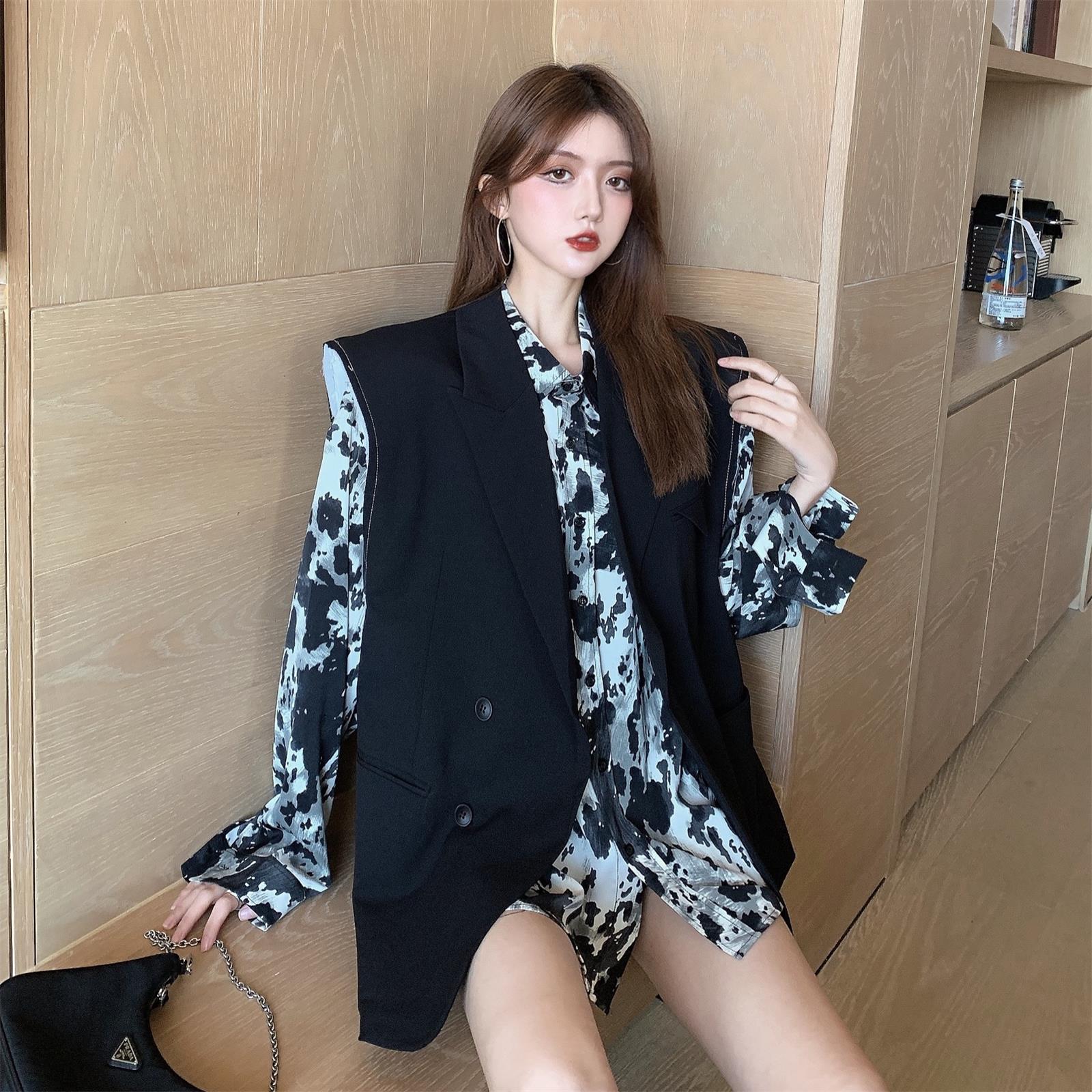 Real price design net red silhouette suit vest cow leopard long sleeve shirt women's two piece set