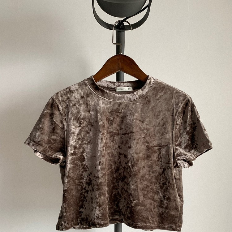 2025夏款j金丝绒百搭短款圆领短袖T恤女宽松显瘦百搭休闲上衣