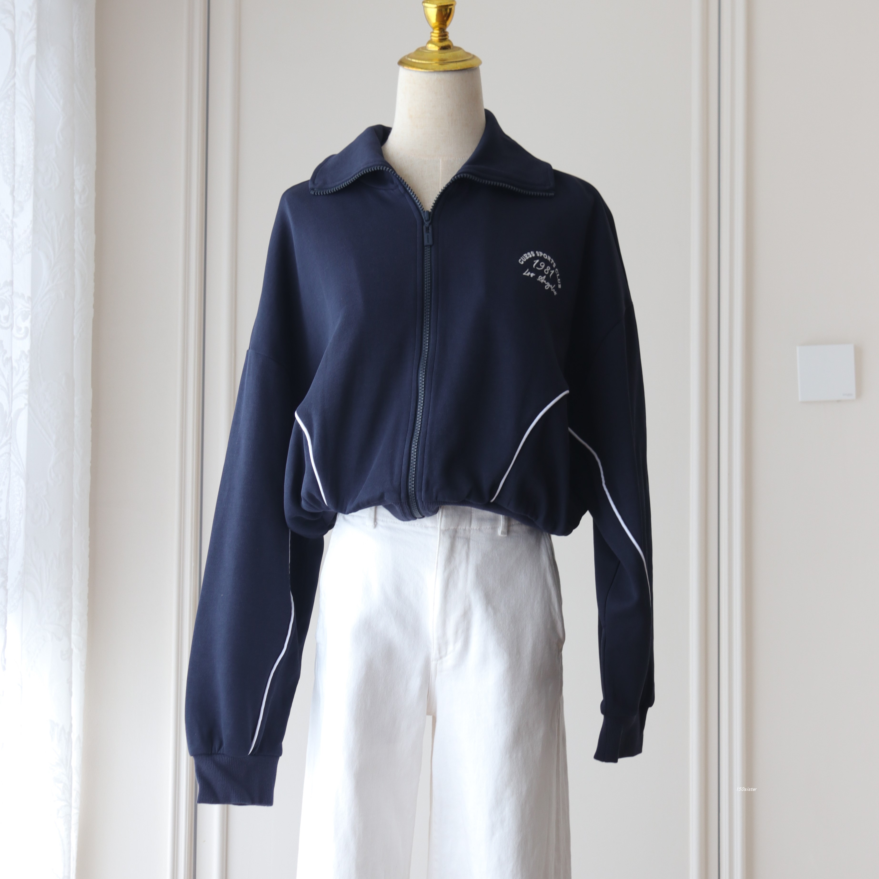 2025新品春秋款复古运动风深蓝色翻领拉链夹克女宽松百搭休闲外套