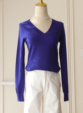 2025年新品 秋冬款极简V领长袖针织衫女蓝色修身显瘦百搭气质上衣