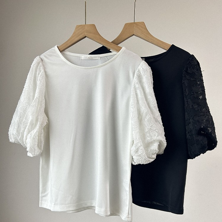 2025年夏款iLike黑色泡泡袖拼接蕾丝小众上衣圆领短袖