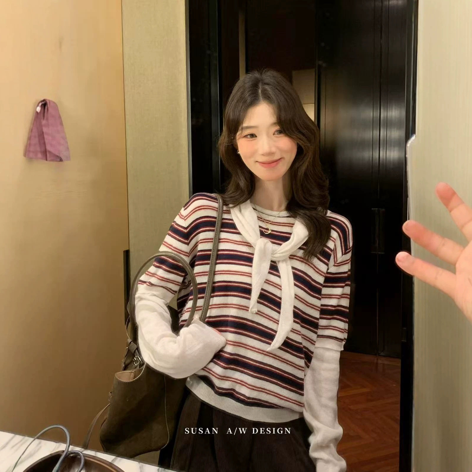 SUSAN 绝美的条纹假两件!韩系层次感早秋百搭温柔针织衫