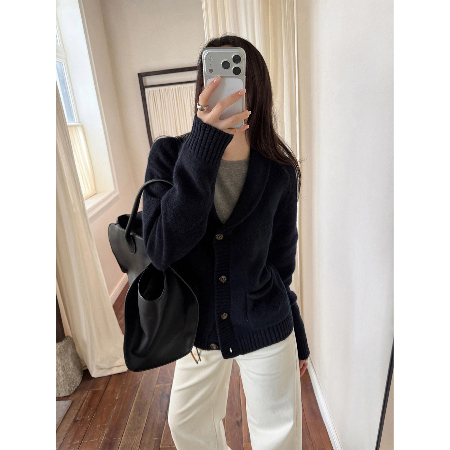 HX 青果领针织老钱外套女2026冬季复古波浪暗纹提花羊毛衫27423