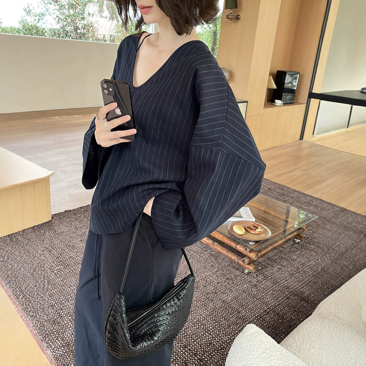 [初打]十三行早秋法式后露背简约天丝亚麻色织条纹衬衫女CSA2166