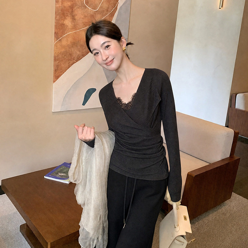 秀熙熙十三行2026秋季气质羊毛蕾丝假两件针织小衫上衣女K80297