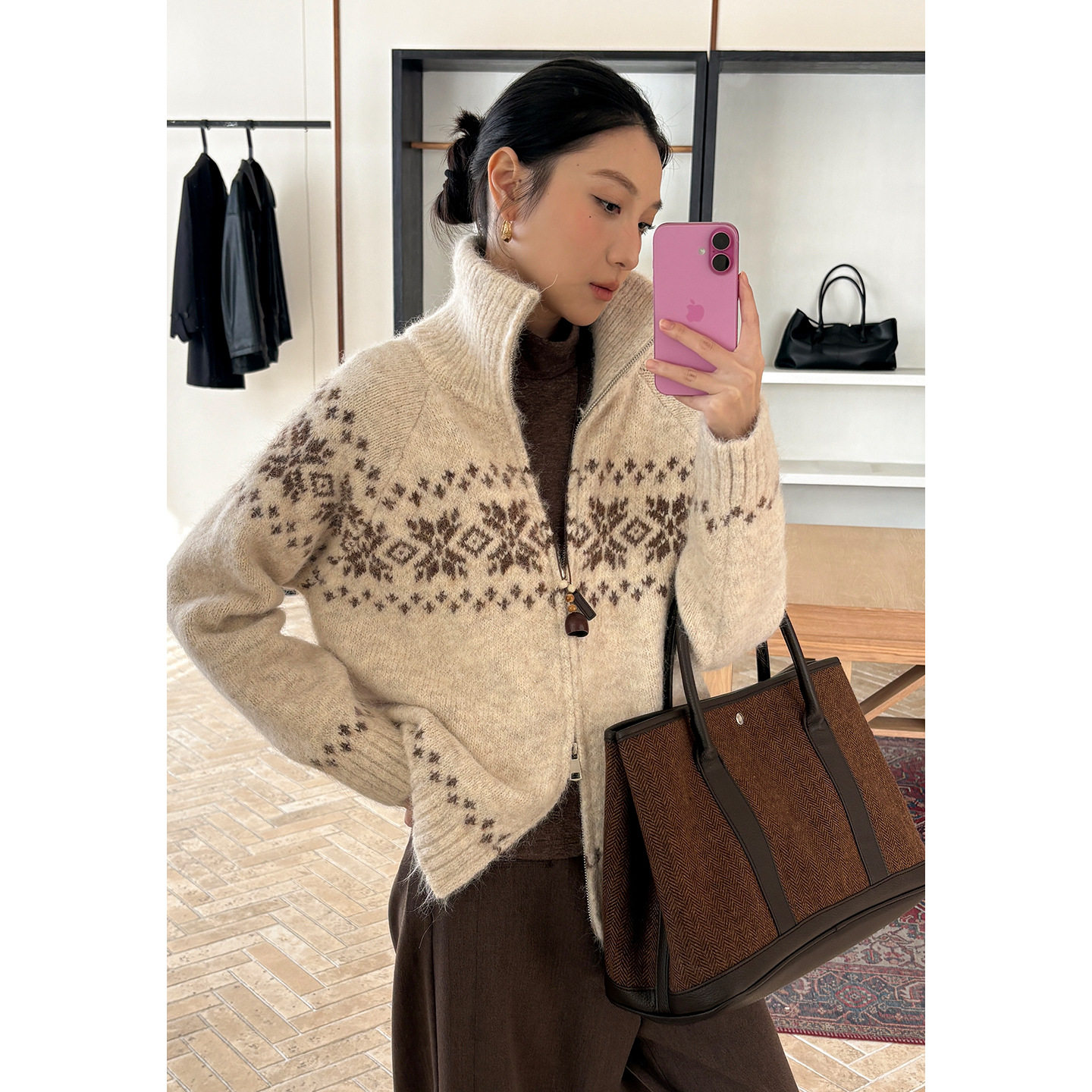复古羊毛厚款拉链高领厚款毛衣外套女松弛感宽松冬YE0317