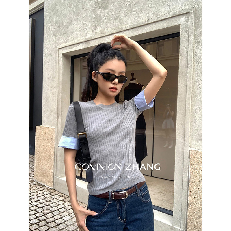 攸吉 CZZHANG设计感拼接撞色条纹羊毛针织衫女秋季短袖上衣C35080
