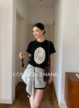 CZ ZHANG设计感蕾丝拼接短袖上衣女装夏季新款圆领绣花t恤C20429