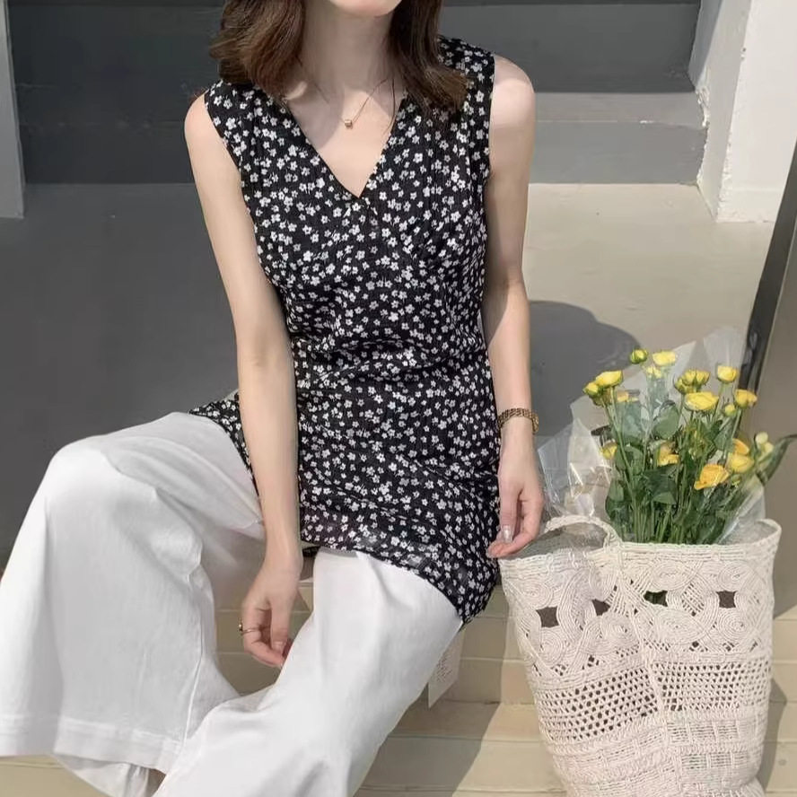 SS韩系清新碎花v领背心连衣裙女夏季修身度假无袖收腰短裙SI98