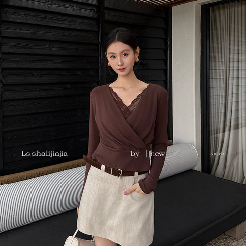 LS 法式优雅v领蕾丝拼接小衫女广州十三行2026早秋新款女装61839#