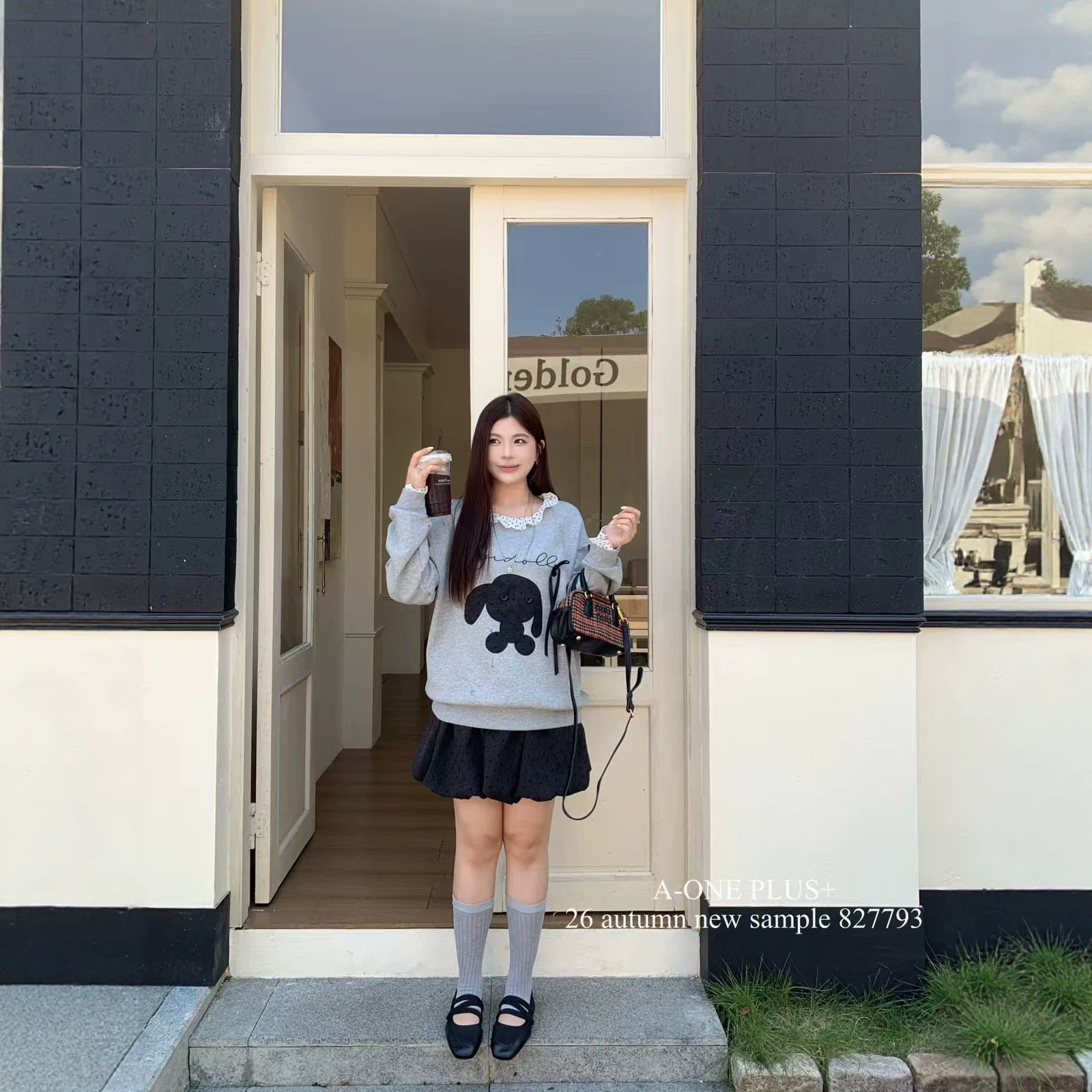 大码女装韩系甜美波点兔子袖口卫衣+松紧腰波点花苞半身裙套装