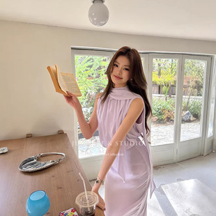 夏季女装套装高级感气质飘带紫色雪纺无袖上衣开叉半身裙两件套