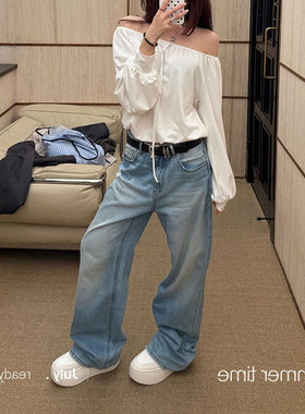 SUNONEONE 美式复古蓝色宽松牛仔裤女夏季新款休闲直筒小个子裤子