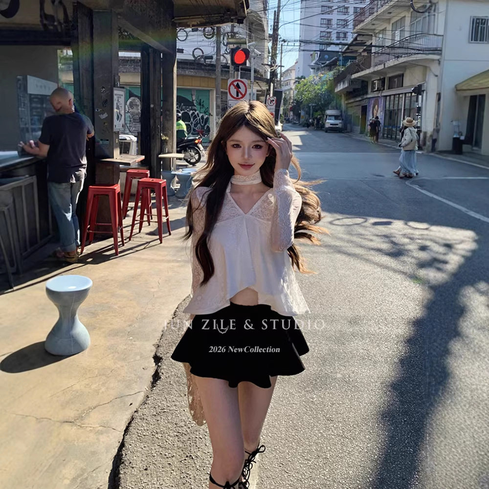 套装裙辣妹纯欲早春穿搭白色V领蕾丝衬衫长袖上衣高腰半身裙裤女