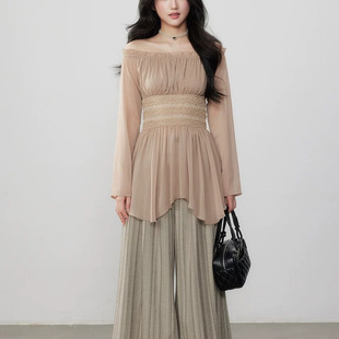 yuzhi 优雅气质一字肩雪纺衫春夏新款收腰显瘦高级感露肩上衣