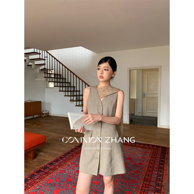 CZ ZHANG夏网纱拼接飘带修身V领西装式无袖连衣裙女通勤风C26222