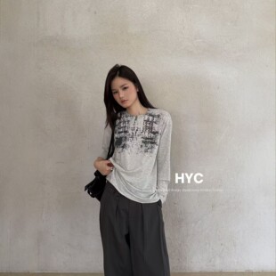HYC十三行2026秋季新款字母印花宽松休闲上衣简约长袖T恤女20858