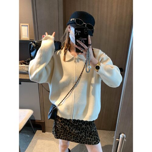 时髦双拉链 韩系减龄花边翻领宽松显瘦百搭针织开衫 MQ1974
