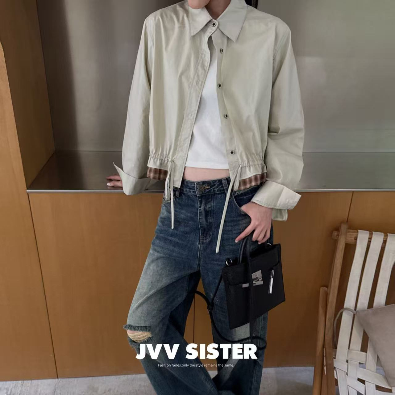 JVV十三行2026秋季新款设计感小众上衣假两件拼接下摆衬衫女72681