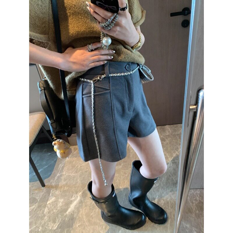 腿精穿搭 韩系智性通勤感高腰显瘦口袋毛呢阔腿短裤 MQ1915