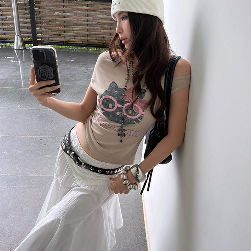 「 5.22 春夏新品 」MMFISH 美式辣妹风短款眼镜kitty斜肩T26T338
