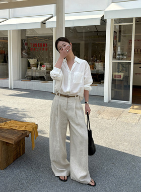 TG 日系治愈感 透气亚麻休闲裤女2026春款压褶阔腿显瘦长裤26341