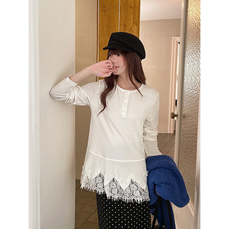 【GM】法式秋季女装新款上衣打底衫女内搭蕾丝长袖t恤女BG2221