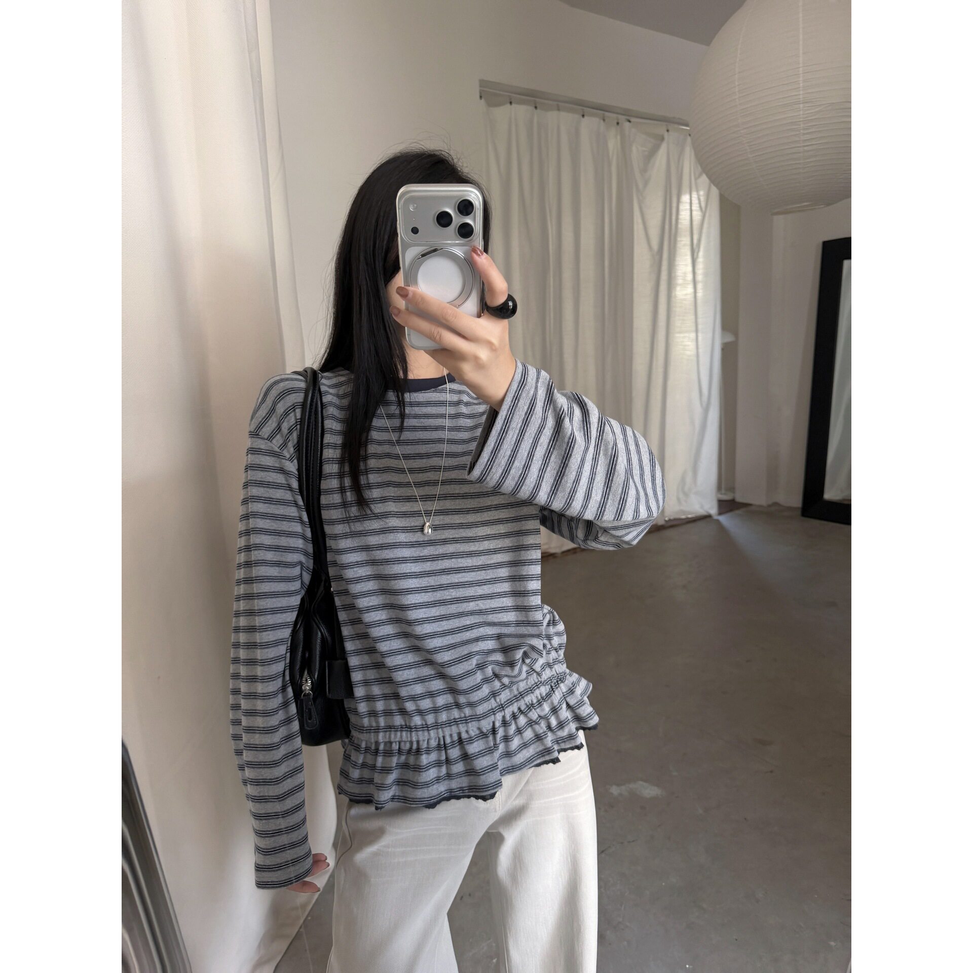 GAGD 灰蓝条纹下摆松紧荷叶边长袖T恤女 26秋季新款韩系百搭条纹t