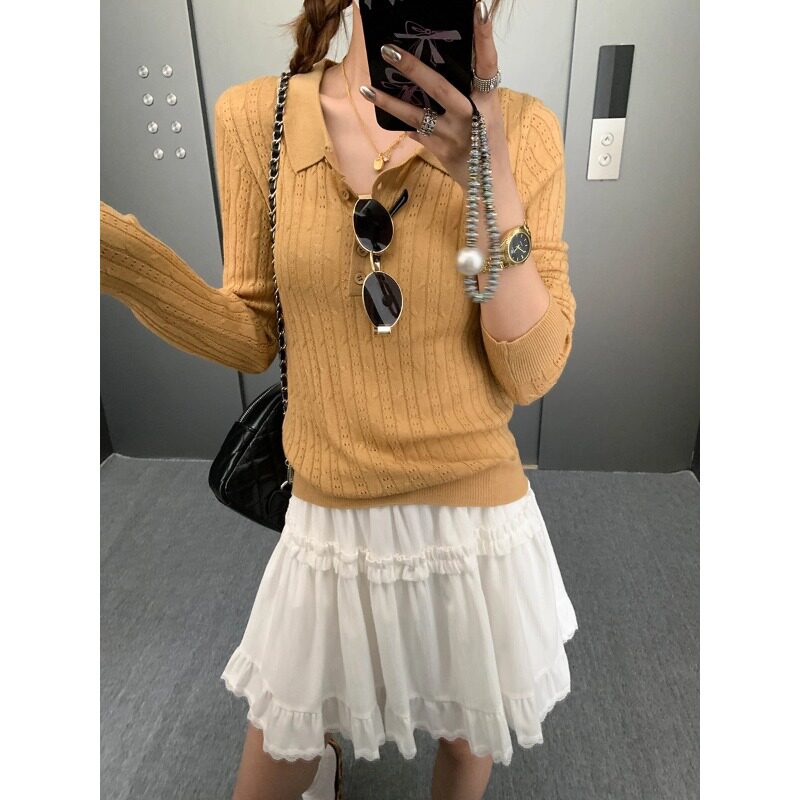 秋季新款 温柔polo翻领镂空钩花修身显瘦针织打底衫 MQ1640