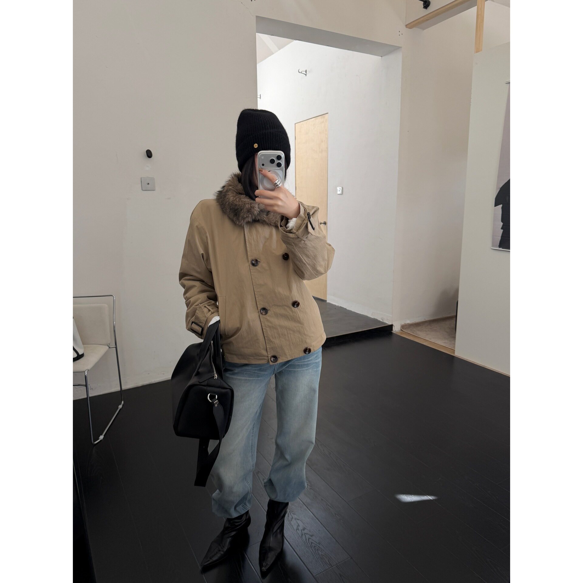 GAGD 立领弧形肌理廓形毛里派克服外套女 复古保暖风衣夹克棉衣